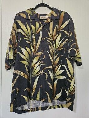 Tommy Bahama Black 100% Silk Tropical Palm Leaf Hawaiian Camp Shirt XL